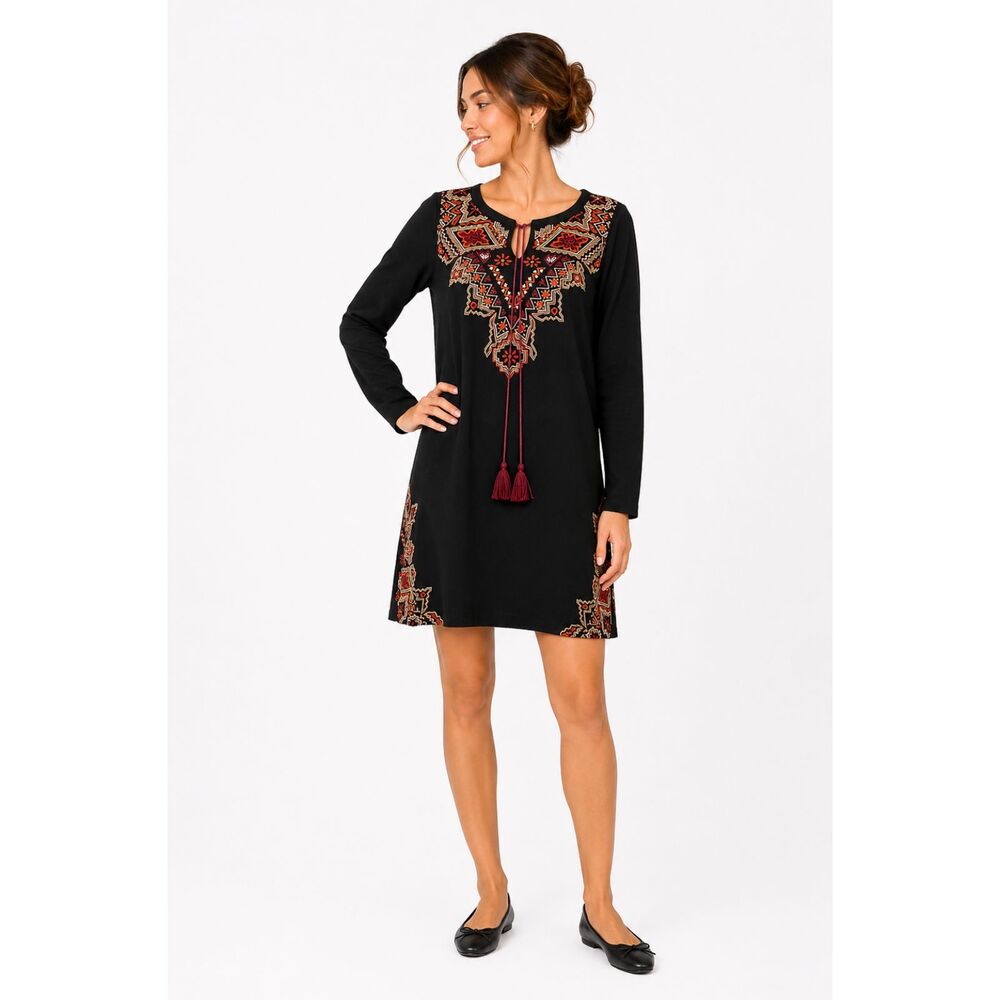 THML BOHEMIAN Tunic Black Embroidered Mini Shift Dress Sz XS